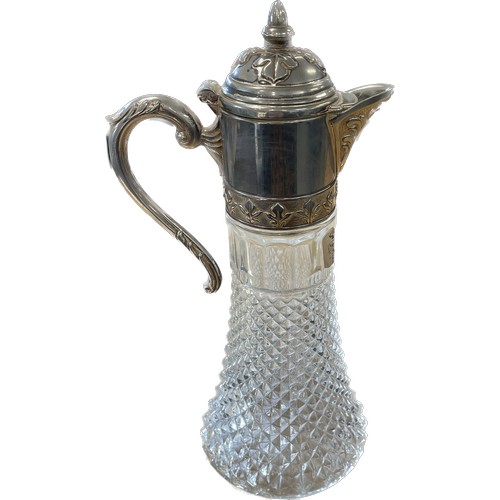 13 - Vintage silver plate cut glass claret jug marked Highlands measures approx 12 inches high