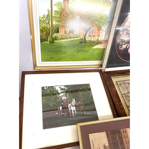 19 - Selection of 5 framed pictures and print to include an embroidery piece