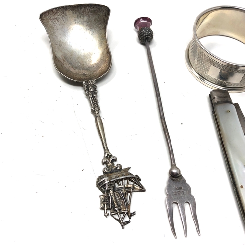 13 - Selection of antique silver items inc napkin ring caddy spoon fruit knife etc