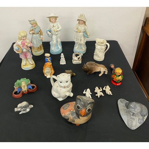 44 - Large selection of assorted figures includes animal figures, cat tea pot etc