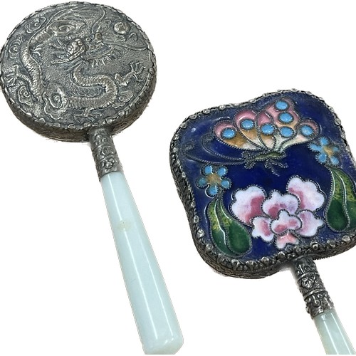 636 - Selection of 4 Vintage hand held possible jade handled enamelled mirrors