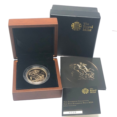 447 - Boxed proof gold 2014 five pound / five sovereign coin only 1000 minted No 0330