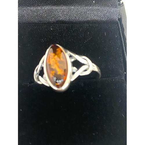 513 - Selection of amber jewellery includes Necklace, Silver and amber ring and a insect insert ring