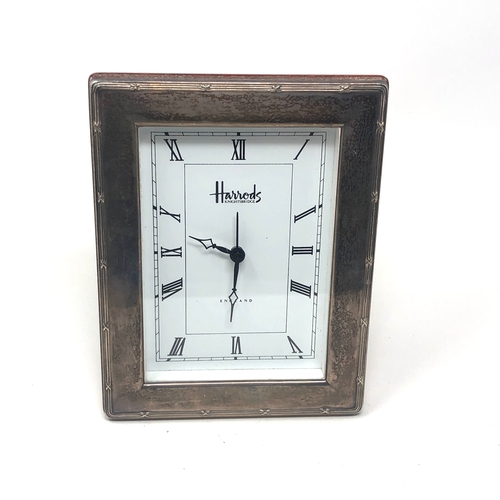 21 - Harrods hallmarked silver mantle / desk clock the clock is working