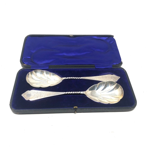 46 - Antique Pair of boxed silver serving spoons london silver hallmarks weight