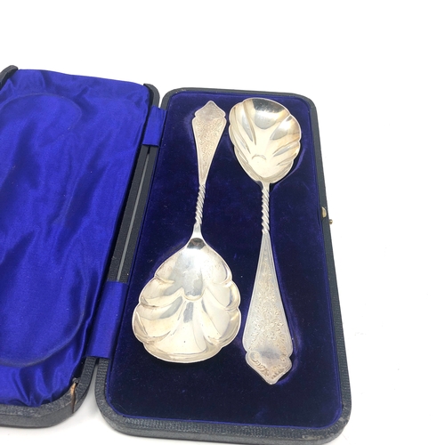 46 - Antique Pair of boxed silver serving spoons london silver hallmarks weight