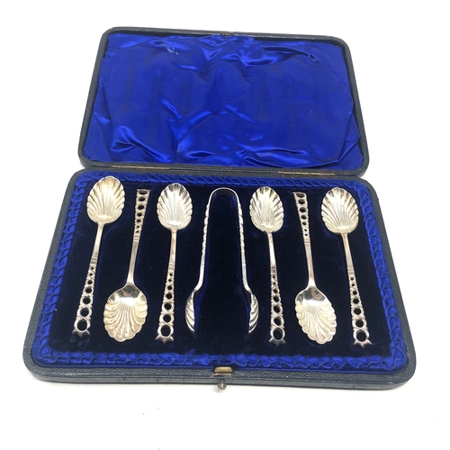 37 - Antique boxed set of silver tea spoons & tongs Sheffield silver hallmarks