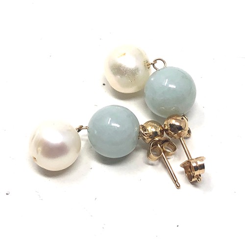 150 - 14ct gold jade & pearl drop earrings (3.7g)