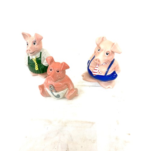 106 - 3 Natwest pigs with original stoppers, Baby, daughter, brother, good overall condition