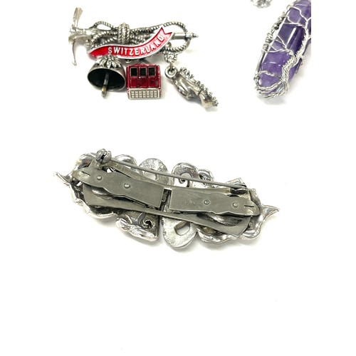 479 - Ladies Switzerland pin brooch, stone set necklace, marcasite brooch