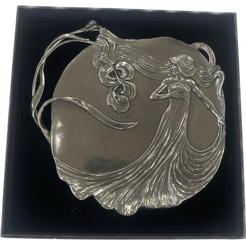 432 - A.E Williams pewter tray with deco lady figure, marks to back, measures approx 5 inches by 6 inches