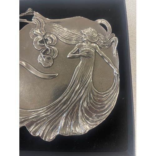 432 - A.E Williams pewter tray with deco lady figure, marks to back, measures approx 5 inches by 6 inches