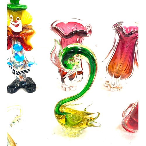 40 - Selection of coloured Murano glass to include swan figures, a clown, vases etc, Some damage to piece... 