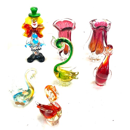 40 - Selection of coloured Murano glass to include swan figures, a clown, vases etc, Some damage to piece... 