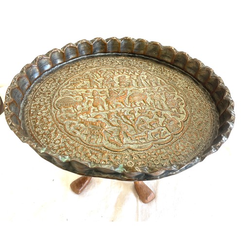 214 - Vintage Indian brass tray table, approximate diameter of tray 15.5 inches, Height 10 inches, with wo... 