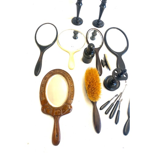 146 - Selection of vanity mirrors, Ebony dressing table set, manicure set etc