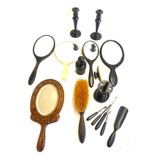 146 - Selection of vanity mirrors, Ebony dressing table set, manicure set etc