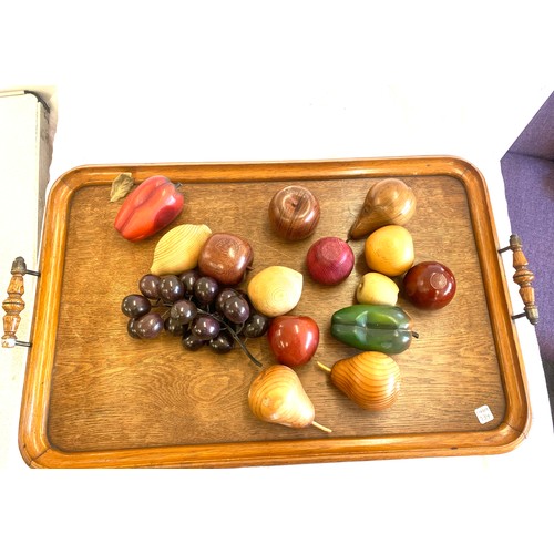 198 - Large wooden gallery tray with wooden pieces of fruit