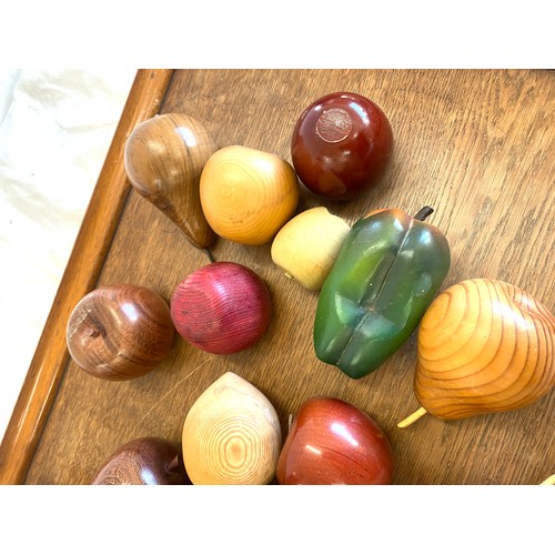 198 - Large wooden gallery tray with wooden pieces of fruit