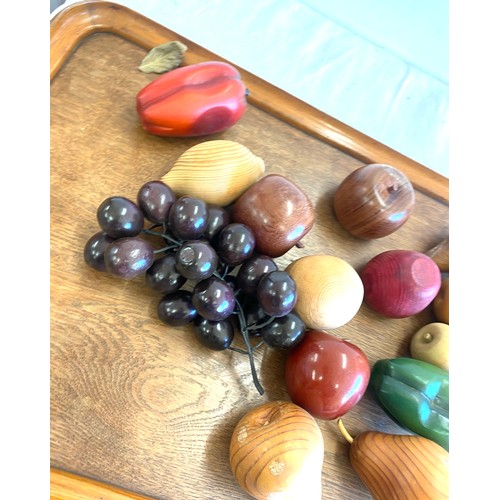 198 - Large wooden gallery tray with wooden pieces of fruit