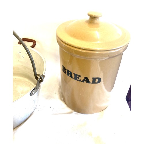 191 - Stainless Steel jam pan, British made mincer, pottery bread bin