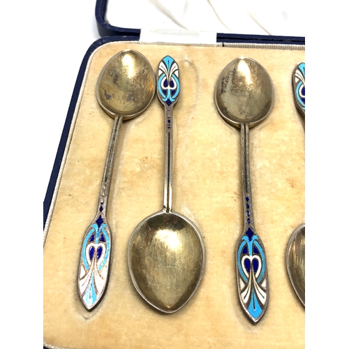 12 - Boxed Art deco silver & enamel tea spoons Birmingham silver hallmarks