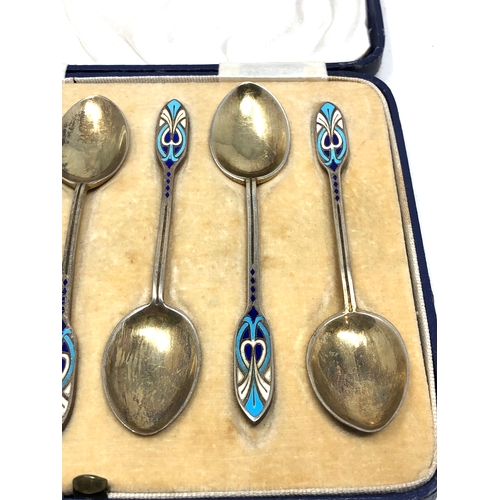 12 - Boxed Art deco silver & enamel tea spoons Birmingham silver hallmarks