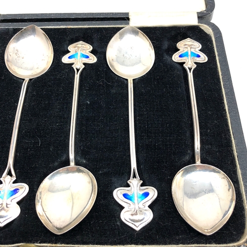 1 - Fine set of 6 boxed James Fenton Sterling Silver & Enamel Spoons
