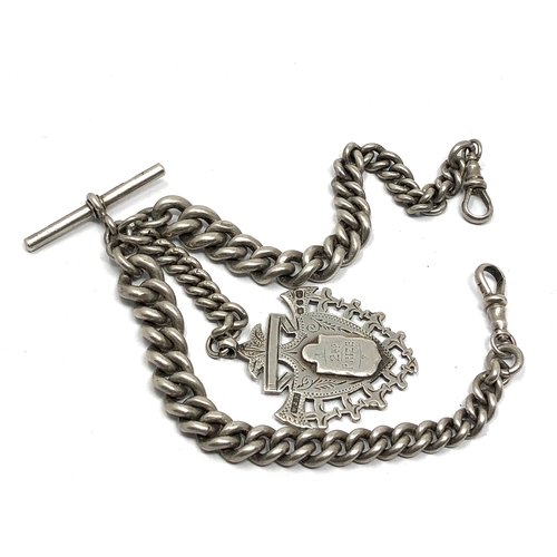 32 - Chunky antique silver double albert pocket watch chain & fob weight approx 90g