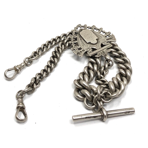 32 - Chunky antique silver double albert pocket watch chain & fob weight approx 90g