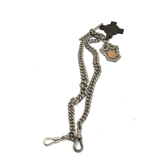 33 - Chunky antique silver double albert pocket watch chain & fob with bronze medal weight approx 60g