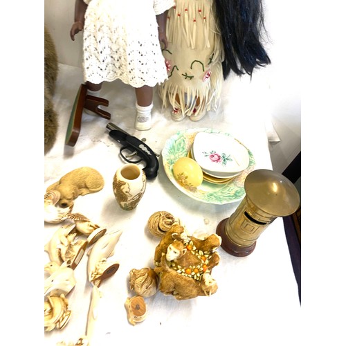 220 - Large selection of miscellaneous includes Dolls, Carved figures, canteen box etc