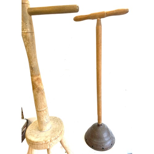 262 - Vintage wooden washing dolly and a wood and copper washing plunger, wooden washboard