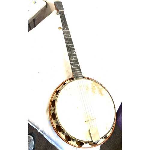 208 - Vintage 4 string banjo musical instrument with hard case, with banjo sheet music