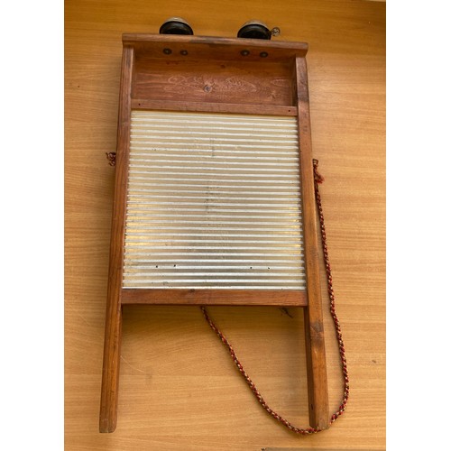 262 - Vintage wooden washing dolly and a wood and copper washing plunger, wooden washboard