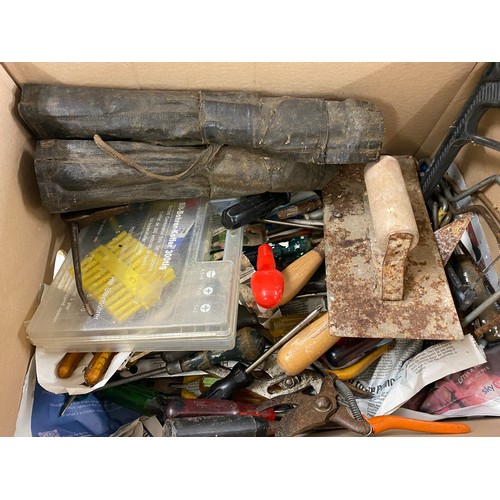 281 - Box of assorted tools includes oil cans, spanners, pliars etc