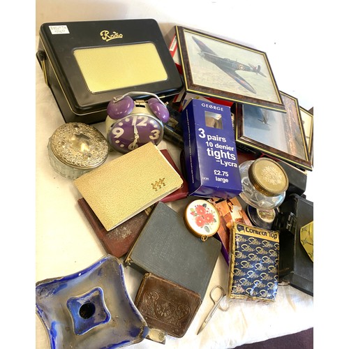 206 - Selection of vintage bibles, framed aircraft pictures, iphone 4, tablet, trinkets, radio biscuit tin... 