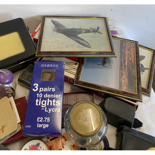 206 - Selection of vintage bibles, framed aircraft pictures, iphone 4, tablet, trinkets, radio biscuit tin... 