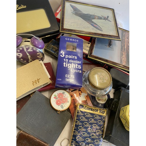 206 - Selection of vintage bibles, framed aircraft pictures, iphone 4, tablet, trinkets, radio biscuit tin... 