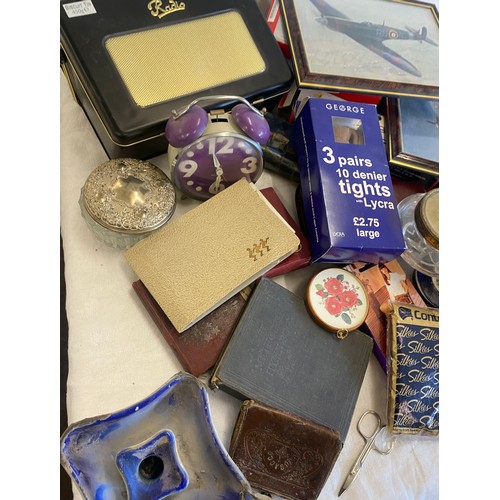 206 - Selection of vintage bibles, framed aircraft pictures, iphone 4, tablet, trinkets, radio biscuit tin... 