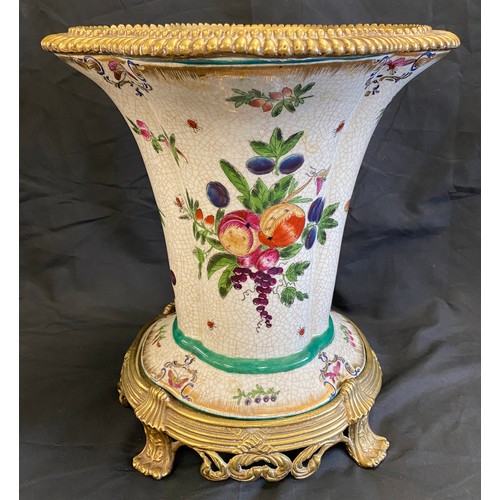 45 - Vintage jardiniere on stand, fruit design, brass edge top and base, overall height 12.5 inches