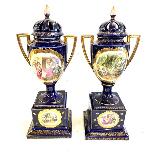 89 - Pair Victoria Carlsbad Austria hand painted urn lidded urns on plinths, Height 22 inches