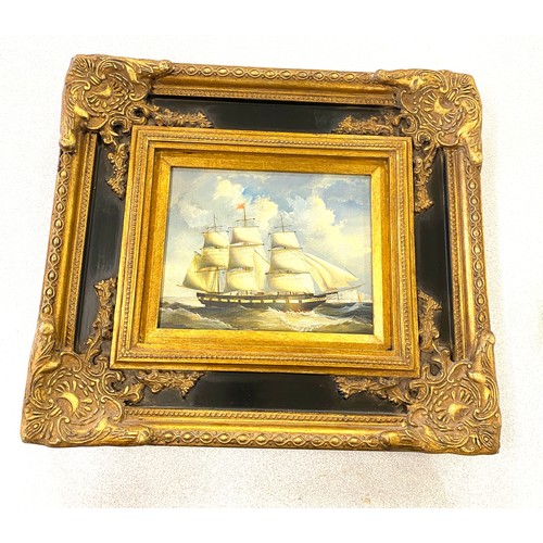 61 - Vintage gilt framed oil on canvas painting depicting a sail boat, unsigned approximate frame measure... 