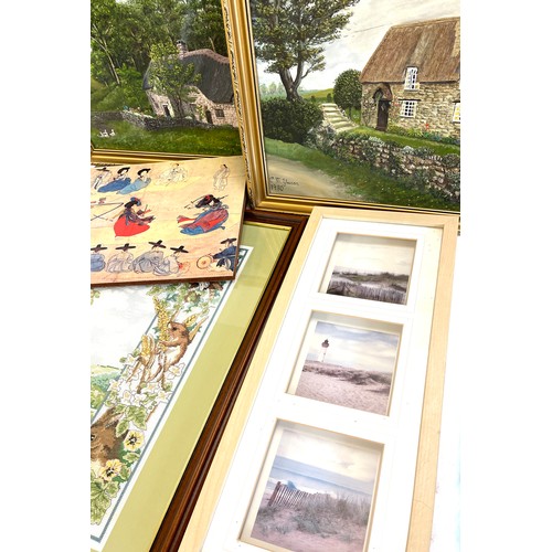 194 - Selection of framed pictures and prints to include 2 signed paintings, signed CM Wouson, framed tape... 