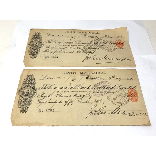 596 - 2 antique 1911 john maxwell solicitor Glasgow cheques