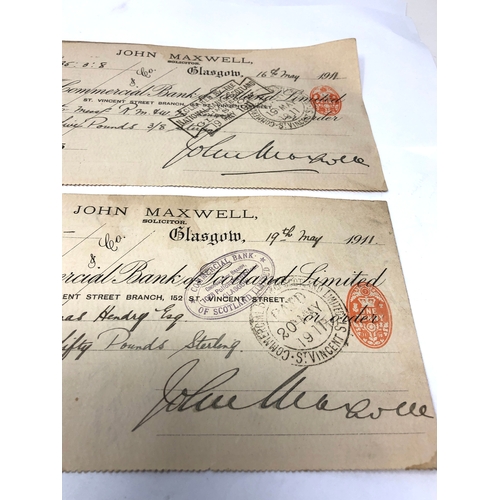 596 - 2 antique 1911 john maxwell solicitor Glasgow cheques