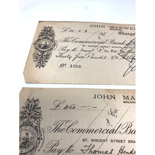 596 - 2 antique 1911 john maxwell solicitor Glasgow cheques