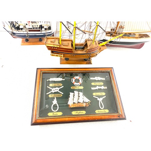 93 - Selection of 3 ship galleon models with a framed knot display