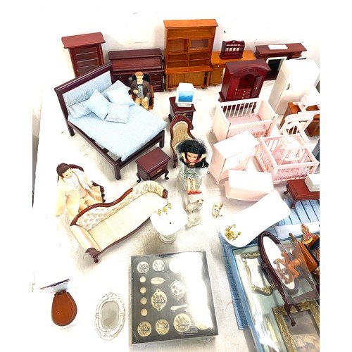 225 - Large selection of vintage and later dolls house furniture includes Bed, Toilet etc