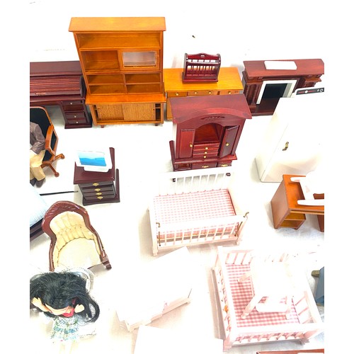 225 - Large selection of vintage and later dolls house furniture includes Bed, Toilet etc